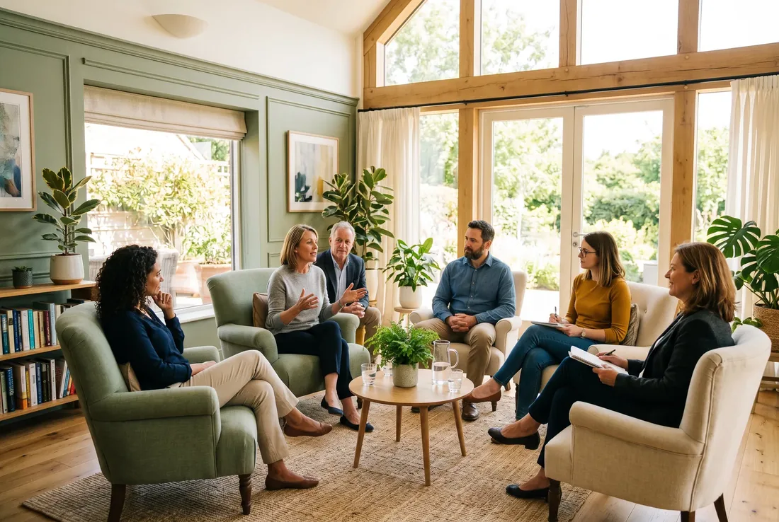 A group therapy session in a sunlit room at Saltwood Mental Health