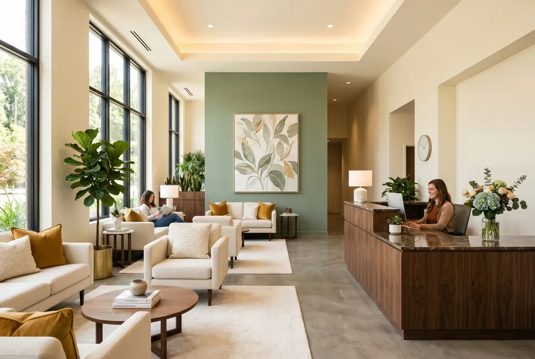 The calm, plant-filled reception area at Saltwood Mental Health